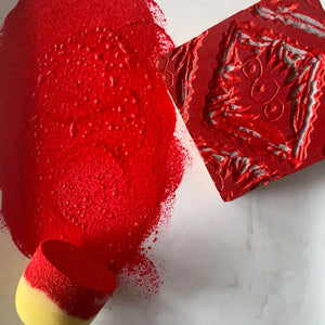 Jaipur velvet by Annika Reed in red, close-up of block-print medallions