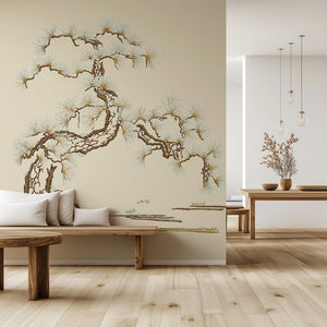 Japanese Tree wallpaper by Dami and Em Design in beige, a Japanese pine tree in a living room
