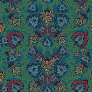 Garden of India wallpaper by Tatie Lou in teal, flat sample of an Indian-style garden medallion