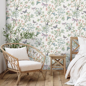 Jewel a Flutter wallpaper by Brand McKenzie in white, birds and blossoms in a living room