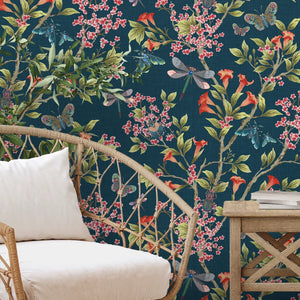 Jewel a Flutter wallpaper by Brand McKenzie in navy and pink, birds and blossoms in a living room