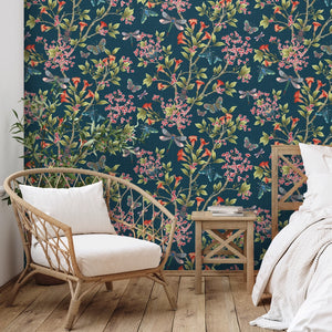 Jewel a Flutter wallpaper by Brand McKenzie in indigo blue and red, birds and blossoms on a living room wall