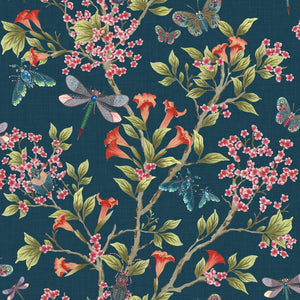 Jewel a Flutter wallpaper by Brand McKenzie in navy and pink, pattern detail of birds and blossoms