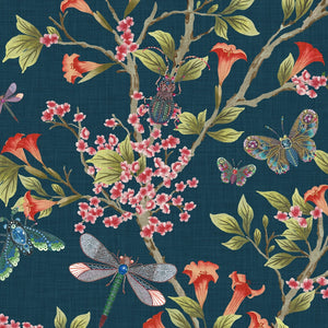 Jewel a Flutter wallpaper by Brand McKenzie in navy and pink, close view of birds and blossoms