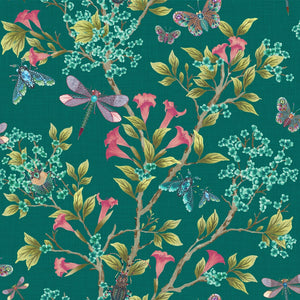 Jewel a Flutter wallpaper by Brand McKenzie in teal and pink, detail of birds and blossoms