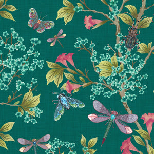 Jewel a Flutter wallpaper by Brand McKenzie in teal and pink, close-up of birds and blossoms
