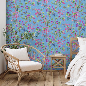 Jewel a Flutter wallpaper by Brand McKenzie in blue, birds and blossoms in a living room