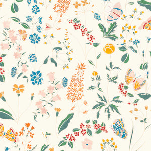 Josepha wallpaper by Claire de Quénetain in cream, full repeat of scattered flowers and birds