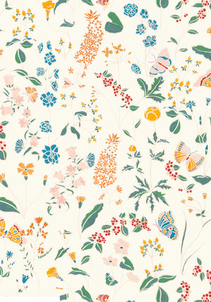 Josepha wallpaper by Claire de Quénetain in cream, full repeat of scattered flowers and birds