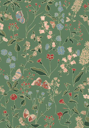 Josepha wallpaper by Claire de Quénetain in green, flat sample of scattered flowers and birds