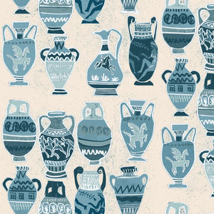 A Muggle of Jugs wallpaper by Annika Reed in blue, full repeat of painted jugs and vases