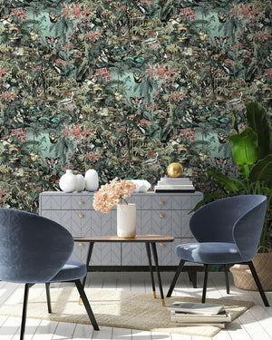 Jungle Life wallpaper by Brand McKenzie in dark green, jungle animals in dense foliage in a dining area