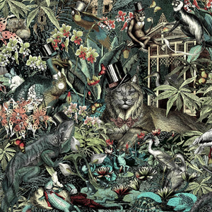 Jungle Life wallpaper by Brand McKenzie in dark green, close view of jungle animals in dense foliage