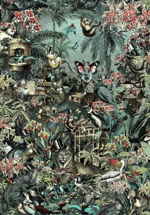 Jungle Life wallpaper by Brand McKenzie in dark green, detail of jungle animals in dense foliage
