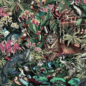 Jungle Life wallpaper by Brand McKenzie in dark green and pink, detail of jungle animals in dense foliage
