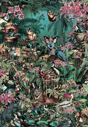 Jungle Life wallpaper by Brand McKenzie in dark green and pink, close-up of jungle animals in dense foliage