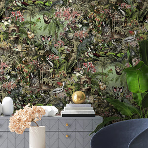 Jungle Life wallpaper by Brand McKenzie in green, close view of jungle animals in dense foliage
