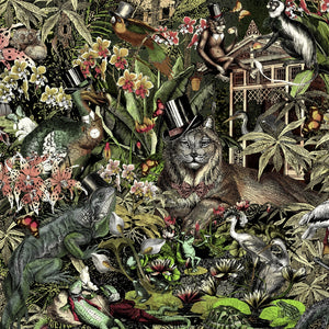Jungle Life wallpaper by Brand McKenzie in green, close-up of jungle animals in dense foliage