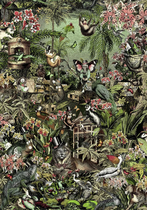 Jungle Life wallpaper by Brand McKenzie in green, pattern detail of jungle animals in dense foliage