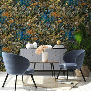 Jungle Life wallpaper by Brand McKenzie in dark green and blue, jungle animals in dense foliage in a dining area