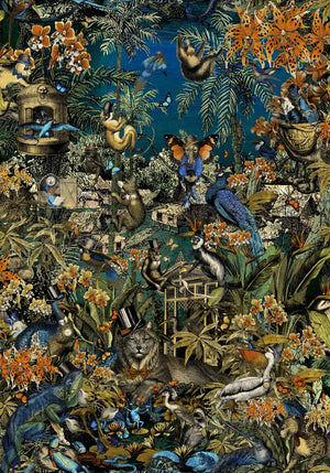 Jungle Life wallpaper by Brand McKenzie in dark green and blue, close view of jungle animals in dense foliage