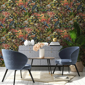 Jungle Life wallpaper by Brand McKenzie in orange, jungle animals in dense foliage in a dining room