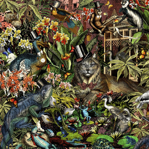 Jungle Life wallpaper by Brand McKenzie in orange, close-up of jungle animals in dense foliage