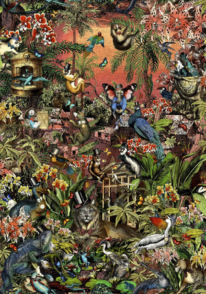 Jungle Life wallpaper by Brand McKenzie in orange, pattern detail of jungle animals in dense foliage