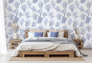 Kelp Forest wallpaper by XV Interiors in blue, kelp and seaweed in a bedroom