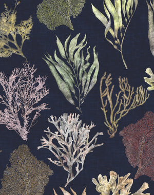 Kelp Forest wallpaper by XV Interiors in navy, flat sample of kelp and seaweed