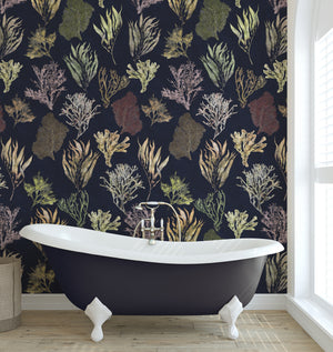 Kelp Forest wallpaper by XV Interiors in navy, kelp and seaweed in a bathroom