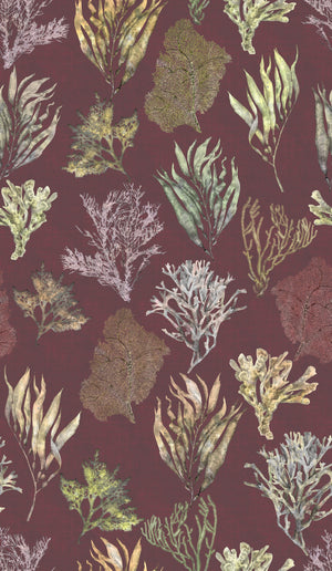 Kelp Forest Wallpaper in Garnet Red wallpaper by XV Interiors in red and green, full repeat of kelp and seaweed