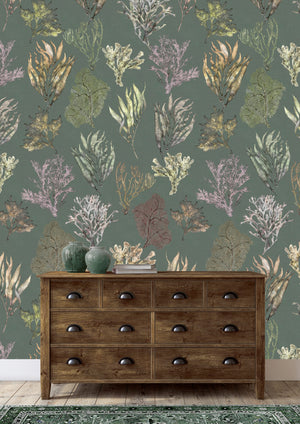 Kelp Forest wallpaper by XV Interiors in green, kelp and seaweed above a sideboard