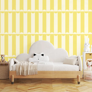 Scallop Lane wallpaper by Liberty James Studio in yellow and cream, scalloped stripes in a kitchen