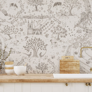 Daily Walk wallpaper by Studio Le Cocq in grey, a country toile above a sideboard