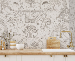 Daily Walk wallpaper by Studio Le Cocq in grey, a country toile above a sideboard