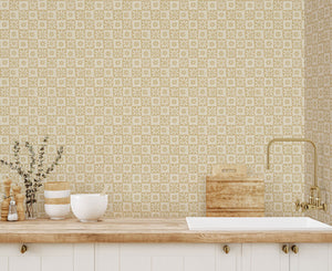 St. Swithin wallpaper by Studio Le Cocq in beige, a small woven-look motif above a sideboard