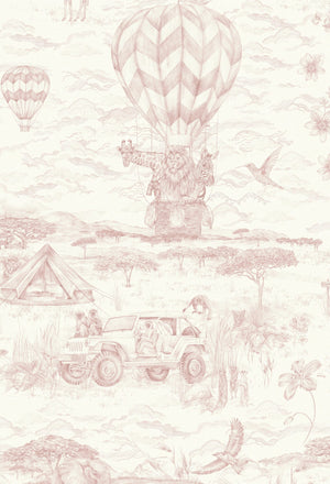 Lyons Den wallpaper by Victoria Sanders in pale pink, full repeat of a hot-air balloon and safari toile