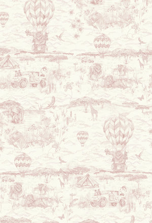 Lyons Den wallpaper by Victoria Sanders in pale pink, pattern sample of a hot-air balloon and safari toile