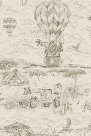 Lyons Den Wallpaper in Parchment by Victoria Sanders, toile pattern with hot air balloon and safari jeep