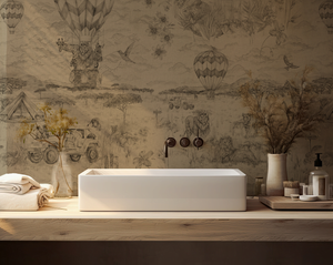 Lyons Den wallpaper by Victoria Sanders in brown, a hot-air balloon and safari toile on a bathroom wall