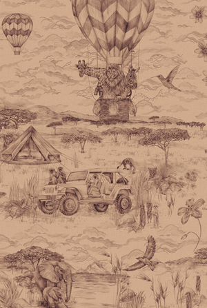 Lyons Den wallpaper by Victoria Sanders in plum, pattern sample of a hot-air balloon and safari toile