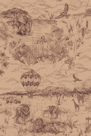 Lyons Den wallpaper by Victoria Sanders in plum, flat sample of a hot-air balloon and safari toile