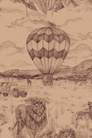 Lyons Den wallpaper by Victoria Sanders in plum, detail of a hot-air balloon and safari toile