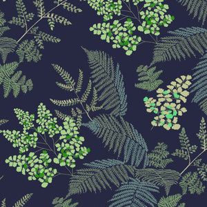 Lace Ferns wallpaper by Parker and Jules in navy, flat sample of lacy ferns