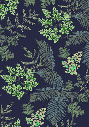Lace Ferns wallpaper by Parker and Jules in navy, flat sample of lacy ferns