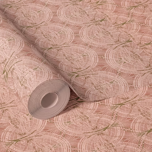 Lace wallpaper by Dami and Em Design in pink, roll showing a lace pattern