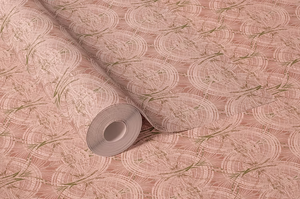 Lace wallpaper by Dami and Em Design in pink, roll showing a lace pattern