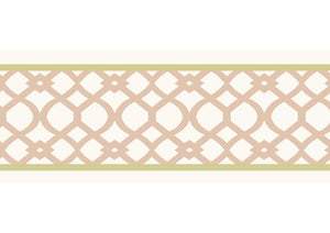 Trellis border wallpaper by Parker and Jules in beige and green, flat sample of a trellis border
