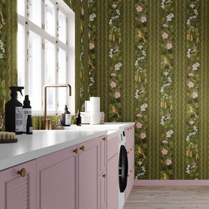 Hedgerows wallpaper by Studio Le Cocq in olive green, hedgerow flowers and birds in stripes behind bar stools